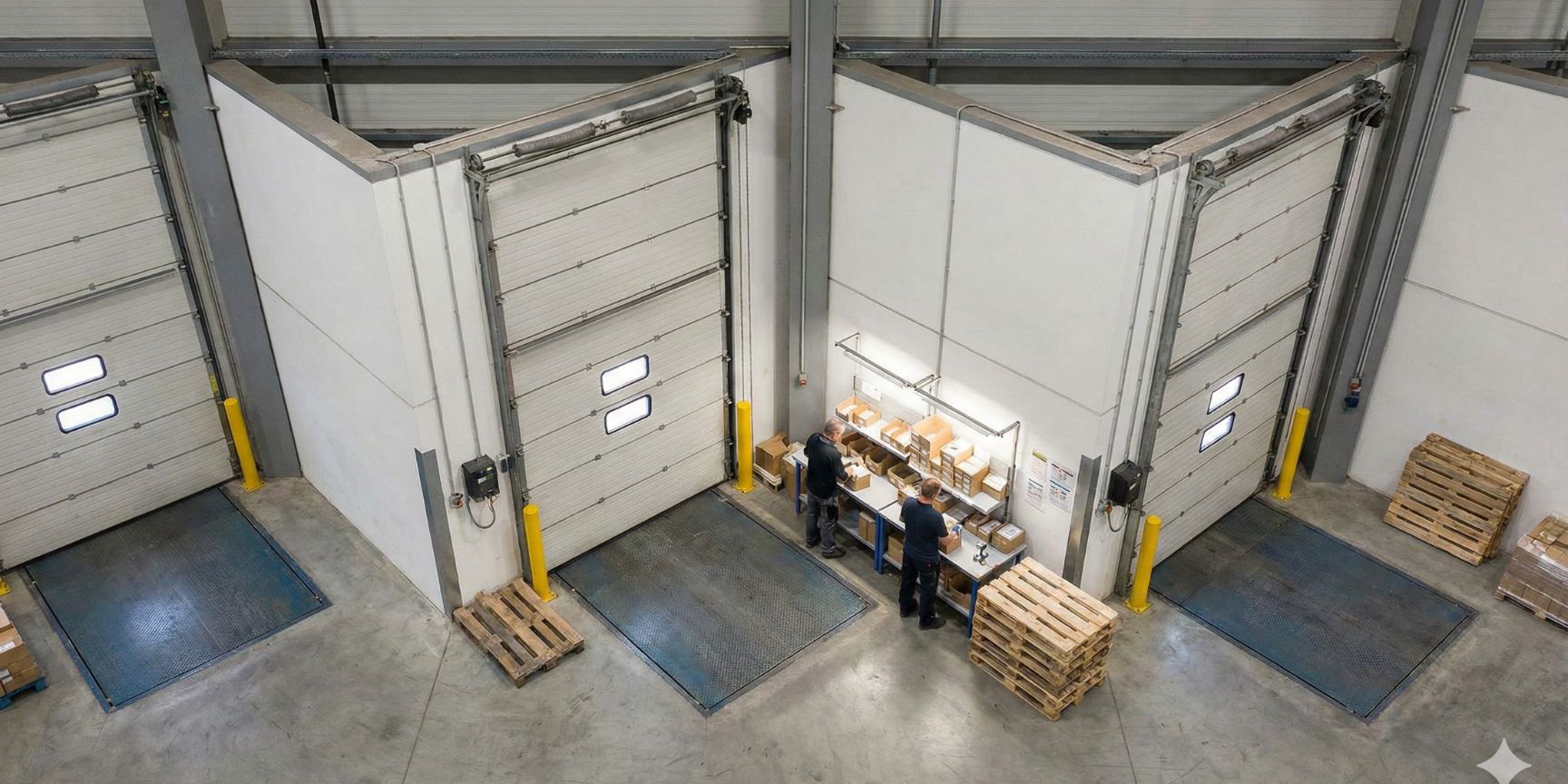 Innenansicht eines Logistikzentrums mit drei Verladetoren in Sägezahn-Anordnung. Die Tore sind durch schräg verlaufende Wände getrennt, wodurch dreieckige Nischen im Hallenboden entstehen. In einer dieser Nischen arbeiten zwei Lageristen an einem Packtisch und führen Value Added Services (VAS) durch, während Paletten in der Nähe bereitstehen. Das Bild zeigt die operative Raumnutzung bei Schwalbenschwanz-Rampen.